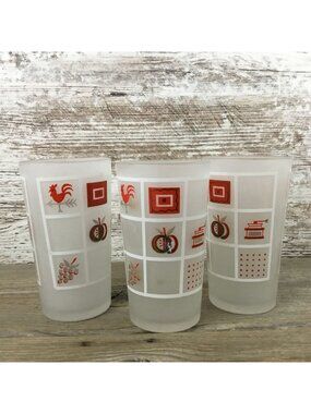Set Of 3 Vintage Anchor Hocking Frosted Glasses With Red White & Gold Farmhouse